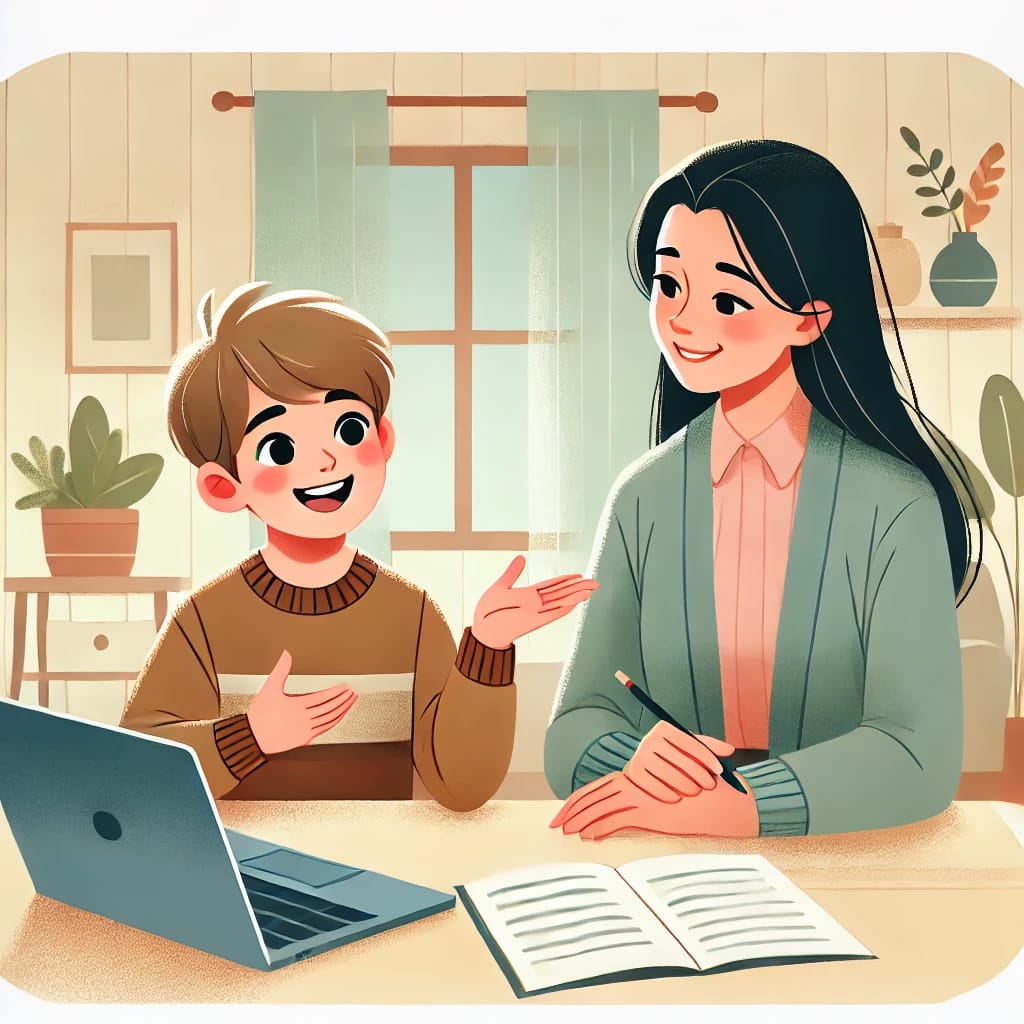 レアジョブ英会話の無料体験レッスンを受けた後、母親に感想を述べている学生