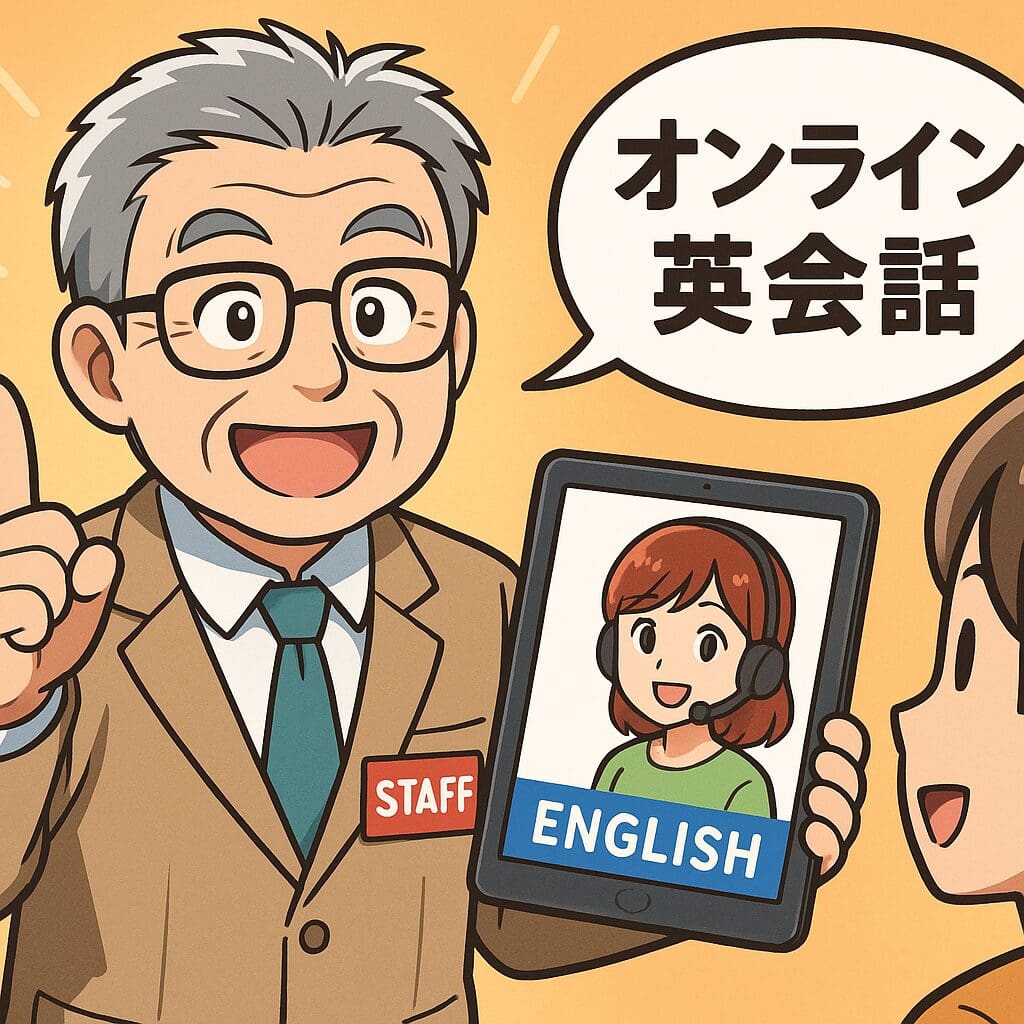 レアジョブ英会話をお客さんにおすすめしている60代の男性スタッフ