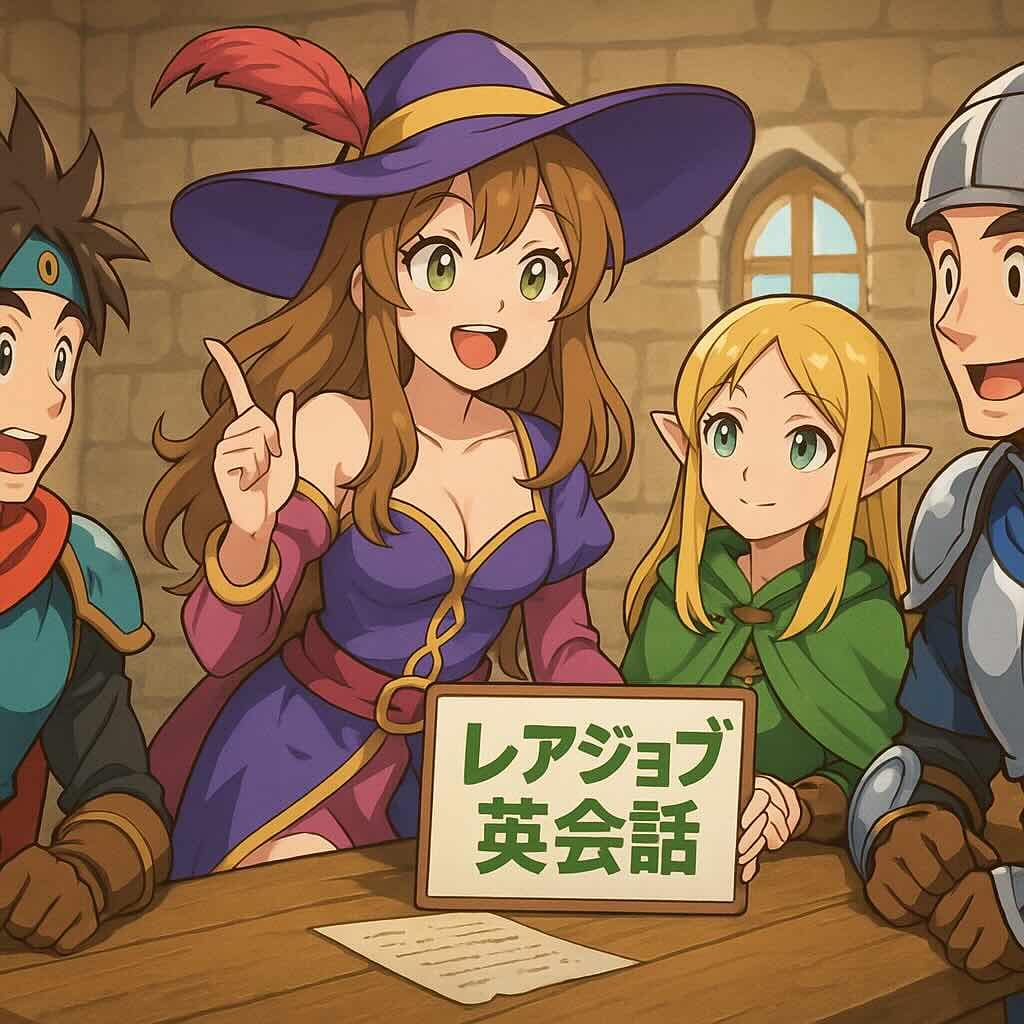 レアジョブ英会話の体験談を勇者パーティに話す遊び人