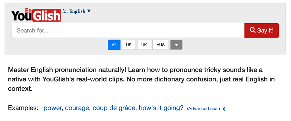 YouGlishのホーム画面