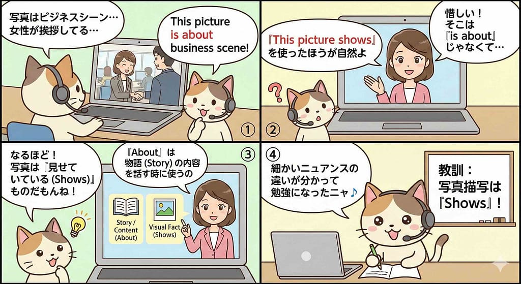 レアジョブのビジネスシチュエーションクエスチョンで写真を説明している様子