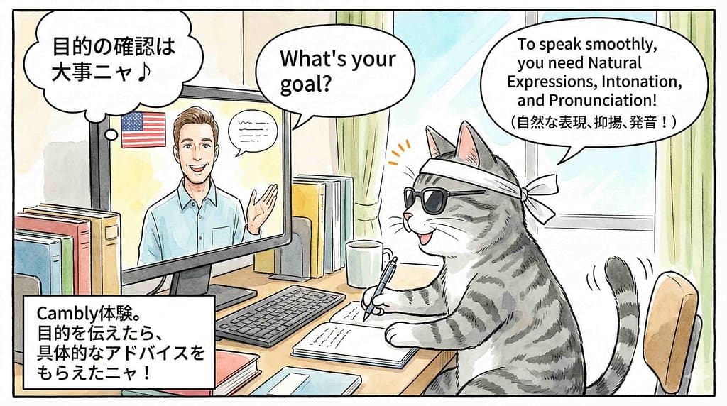 Cambly Pro 講師Jさんによる英語学習の目的のレッスン様子