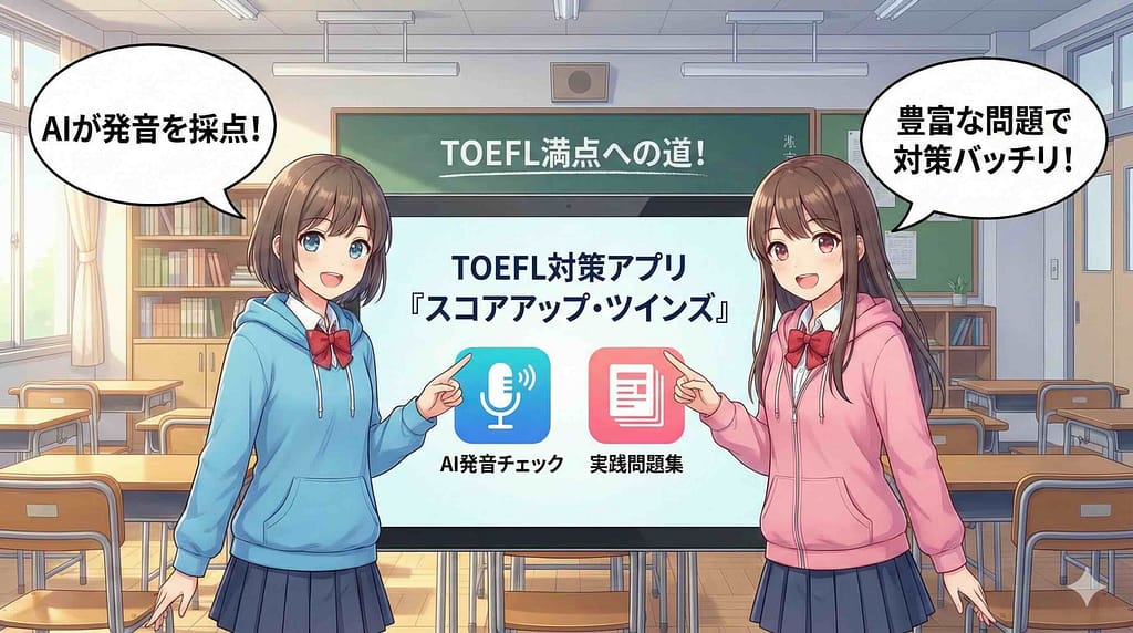 LinguaTOEFLについて説明する双子