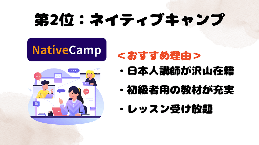 日本人講師がいるオンライン英会話BEST3の第2位はネイティブキャンプ