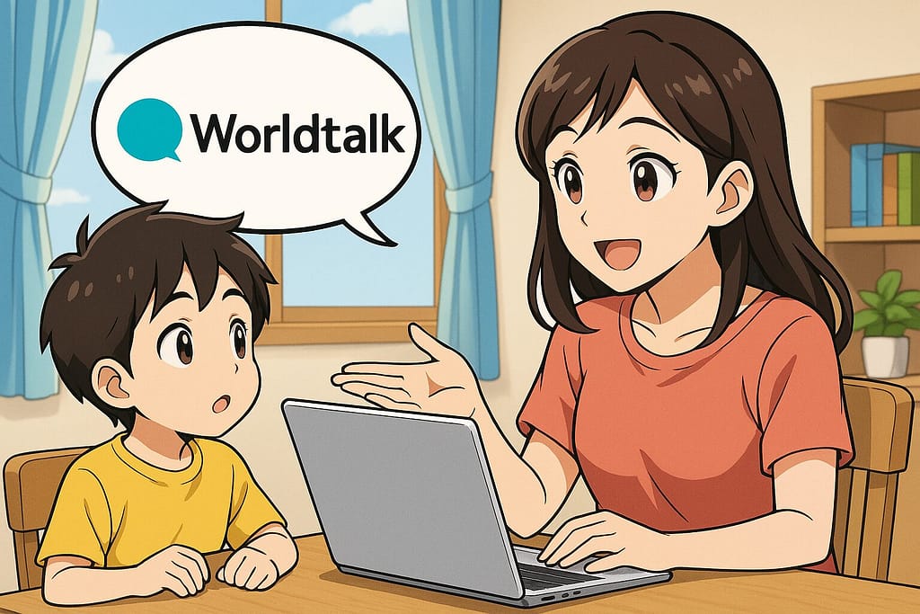 ワールドトークについて息子に説明している母親