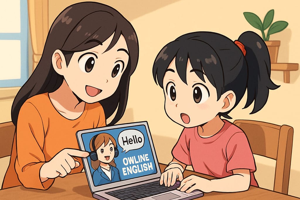 特に重要なネイティブキャンプの使い方を子供に教えている主婦