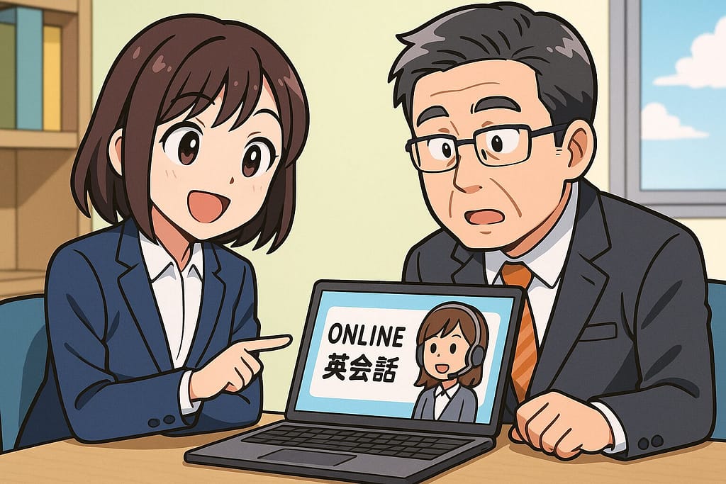 ネイティブキャンプのおすすめな使い方を上司に教えている女性社員