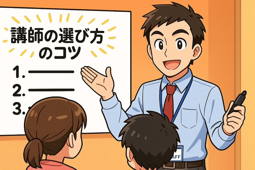 講師の選び方のコツを生徒に教えている頼れる男性スタッフ