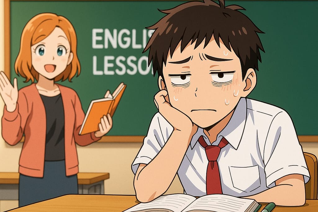 ネイティブキャンプで気を使いすぎて疲れている男子学生