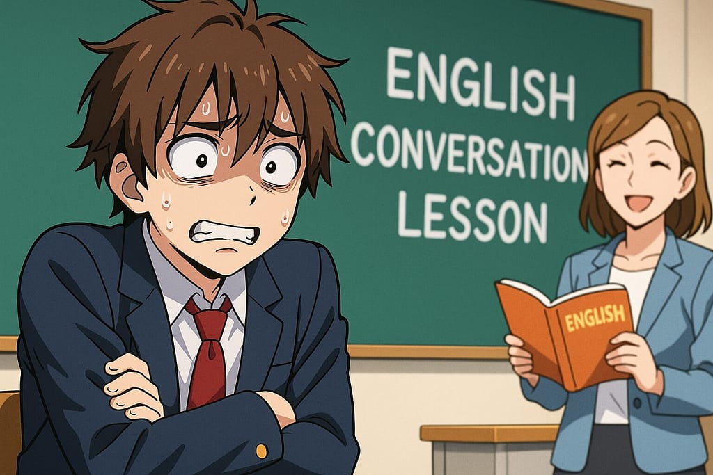 ネイティブキャンプのレッスンを怖がっている男子学生