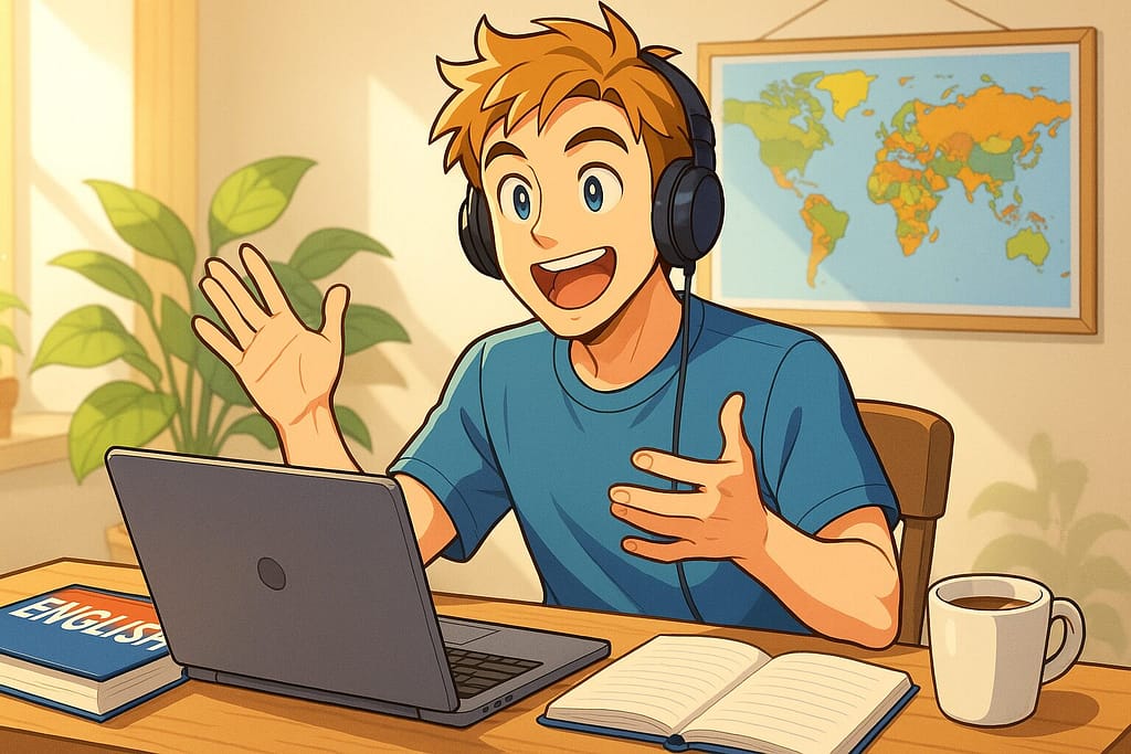 若いアメリカ人講師が英会話のレッスンをしている様子