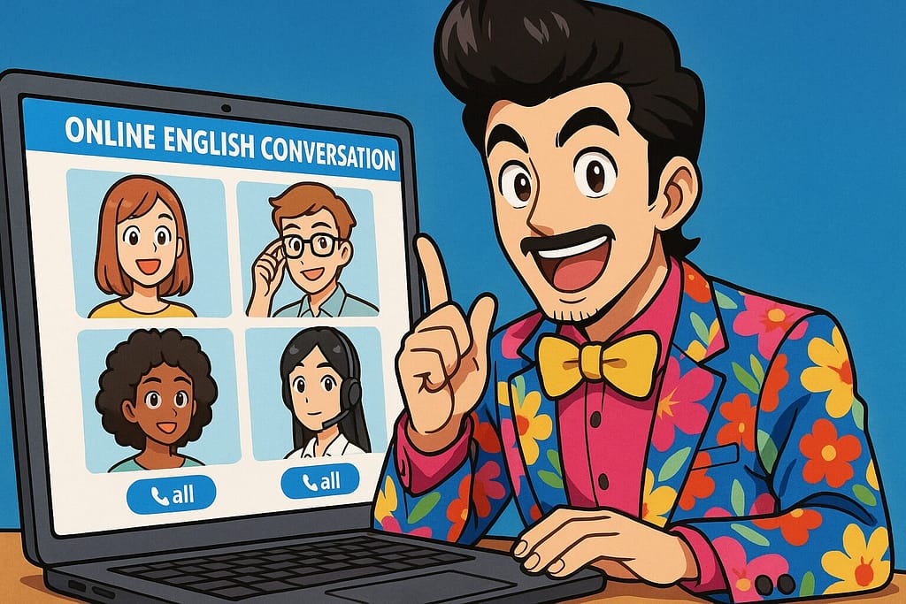 オンライン英会話の講師を選んでいる派手な衣装の男性