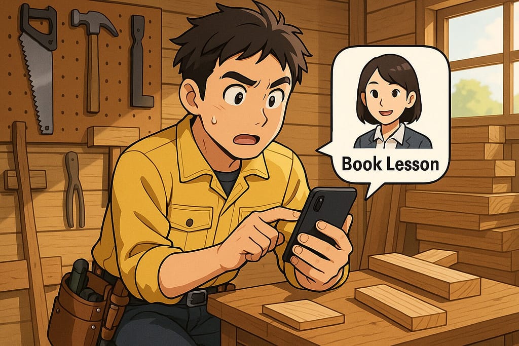 日本人講師のレッスンを申し込んでいる大工さん