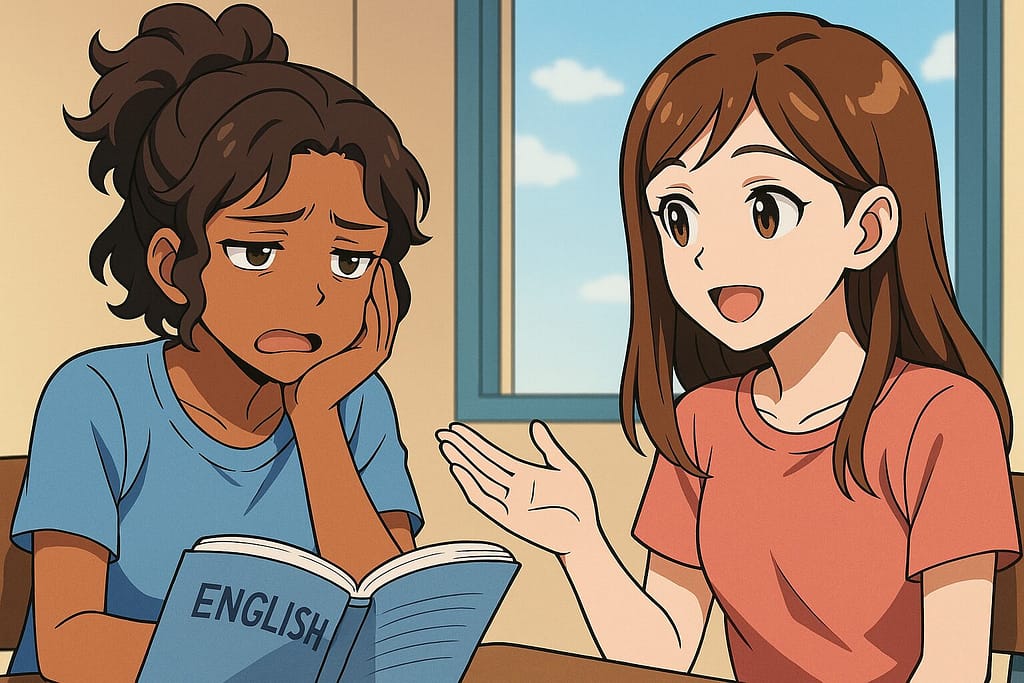 英会話の勉強で疲れてしまった時のことを友人に話しているアメリカ人ハーフの女性