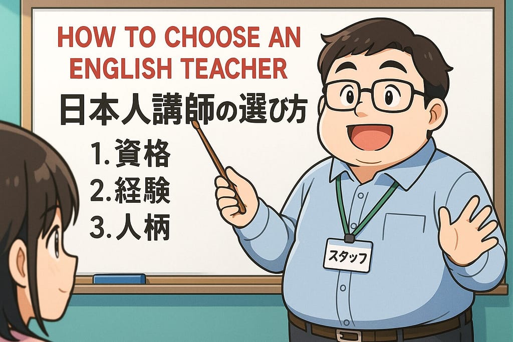 DMM英会話教室の日本人講師の選び方を生徒に教えている小太りな男性スタッフ