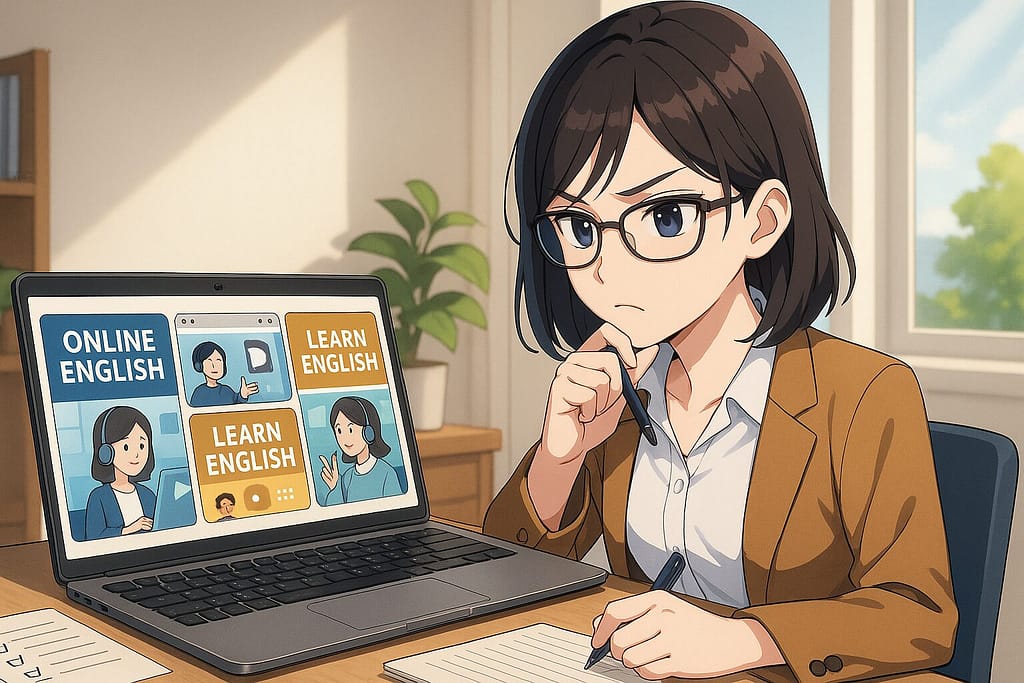 色々なオンライン英会話を比較している女性