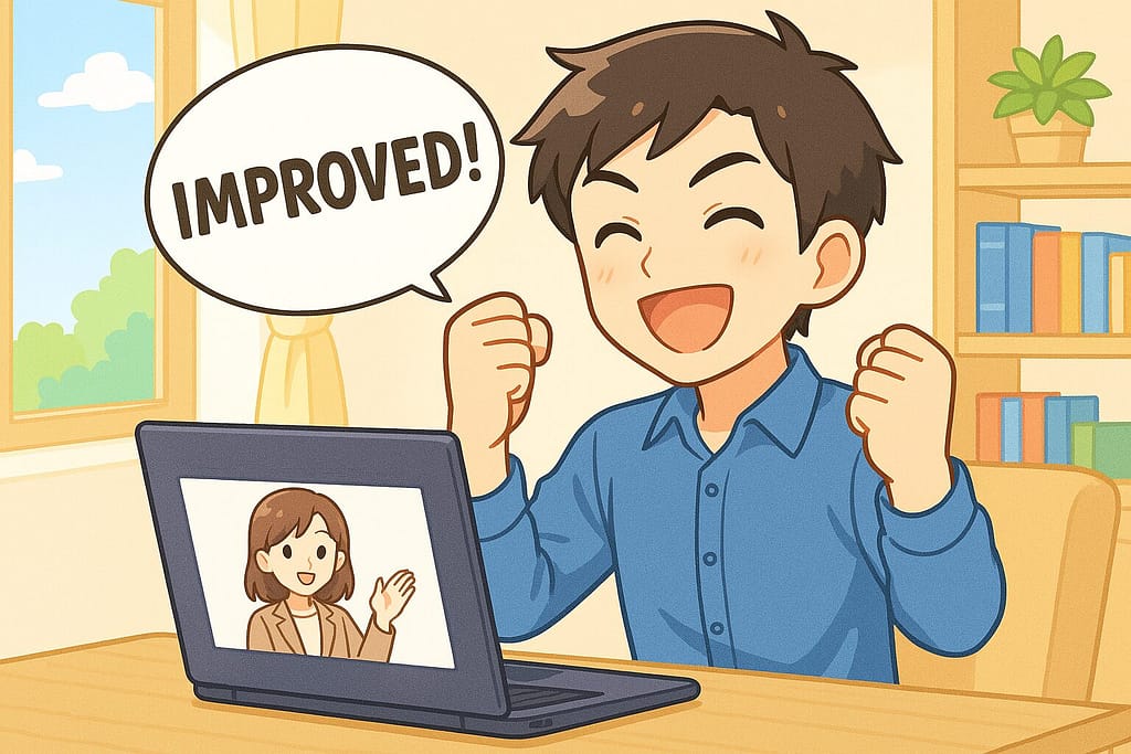 レアジョブのフリートークで英語学習効果が得られて喜んでいる男性