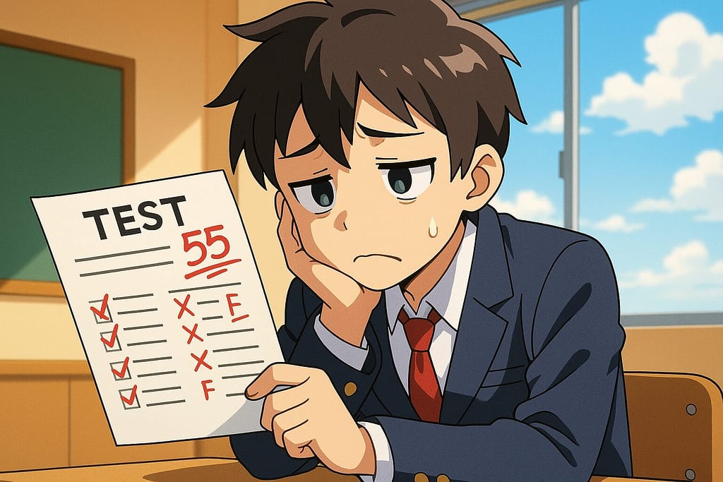 Kimini英会話のテストが難しくてがっかりしている男子学生