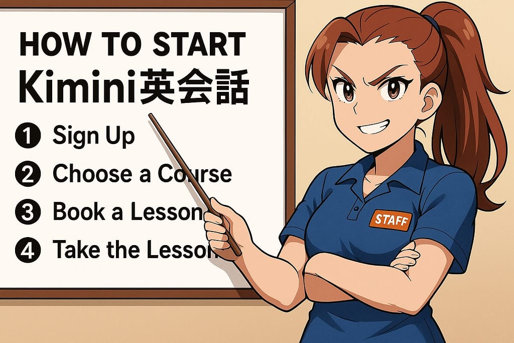 Kimini英会話の始め方を教えている強そうな女性スタッフ