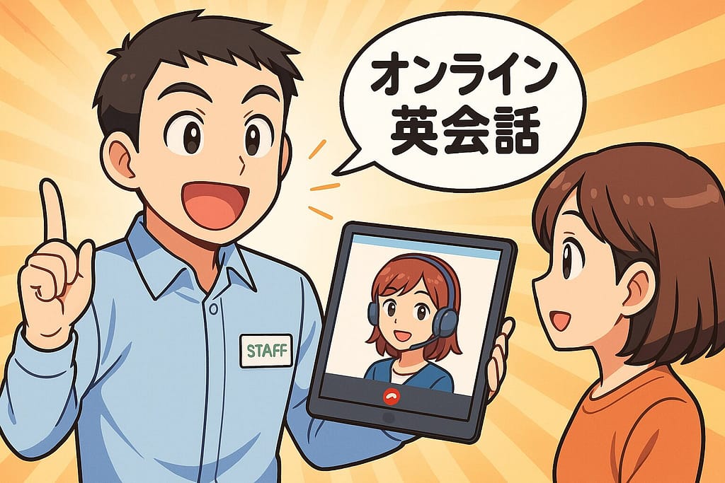 レアジョブ英会話の魅力をお客さんに教えている短髪な男性スタッフ