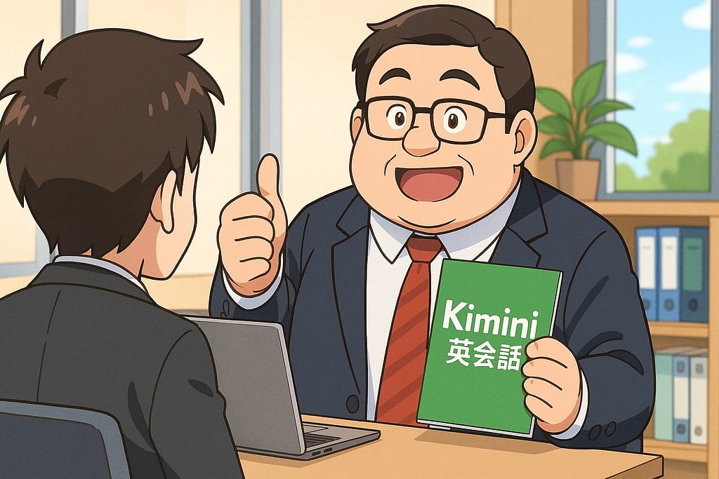 オフィスでお客さんにKimini英会話をおすすめしている太った50代男性スタッフ