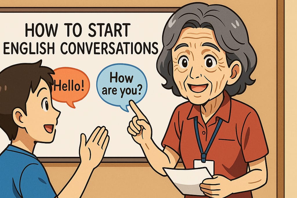 レアジョブ英会話の始め方をお客さんに教えているシワの多い女性スタッフ