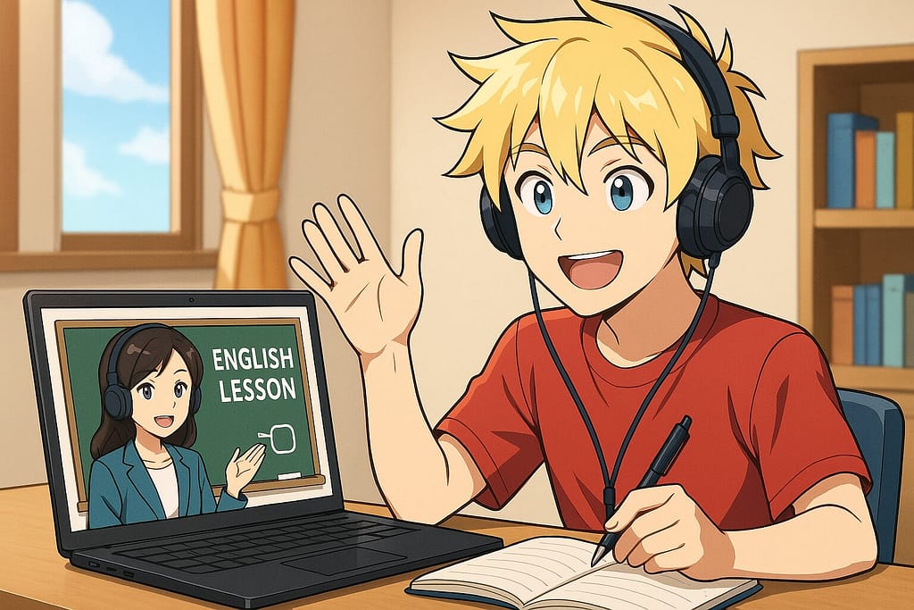 レアジョブ英会話のレッスンを受けている金髪の青年