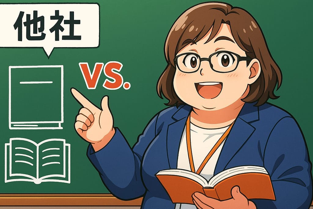 他社とレアジョブの教材の違いを説明しているちょっと太った40代女性スタッフ
