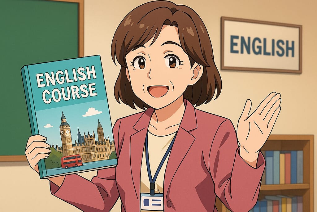 Kimini英会話スピーキングテスト対策のおすすめ教材を紹介している女性スタッフ