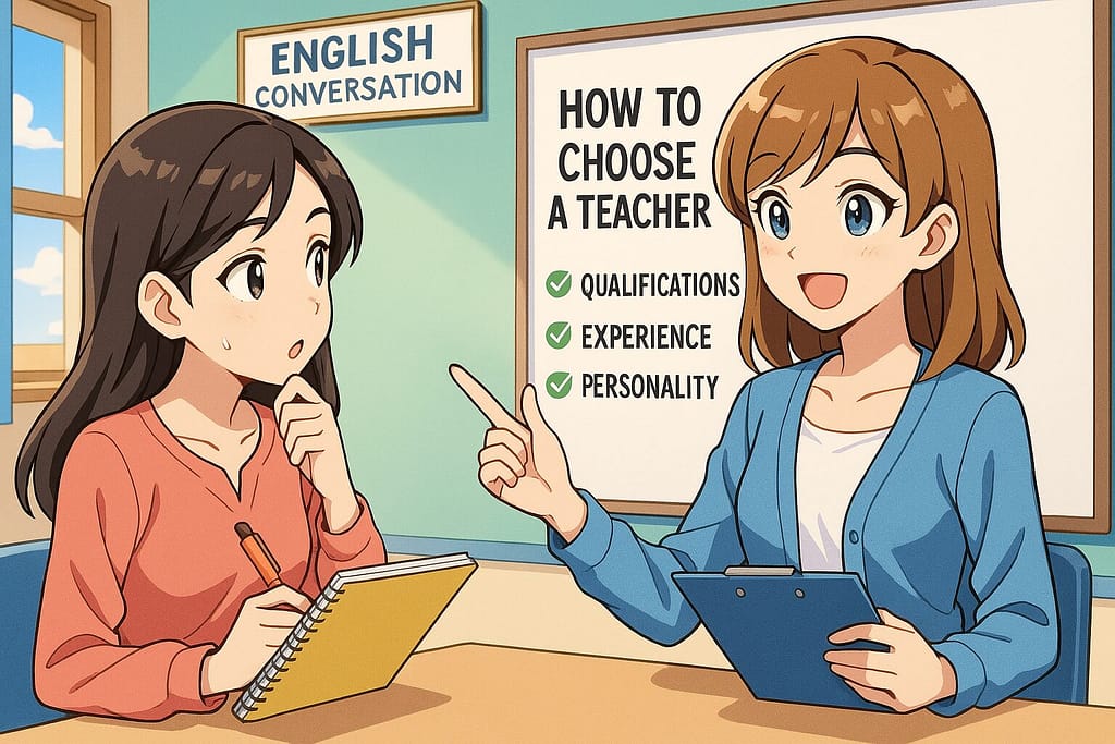 おすすめなレアジョブ講師の選び方を教えてもらっている女性