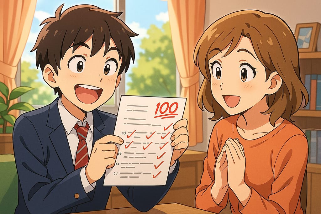 Kimini英会話のテスト結果と感想を親に伝えている男子学生