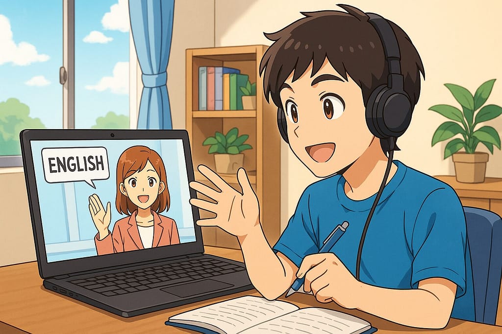 自宅でレアジョブ英会話のレッスンを受けている男性学生