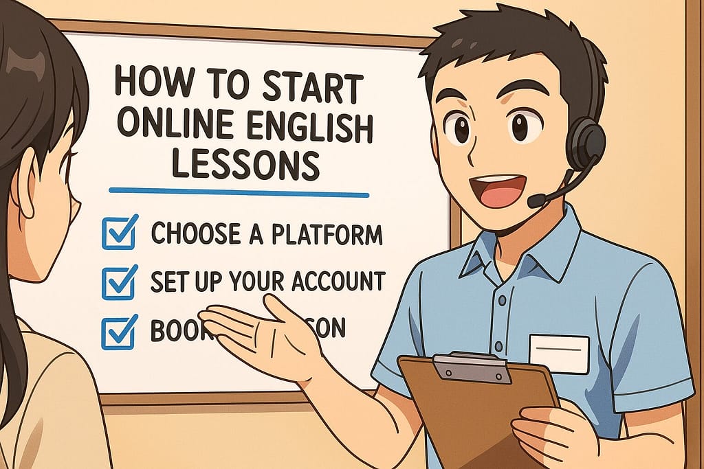 レアジョブ英会話の始め方をお客さんに教えている短髪な男性スタッフ