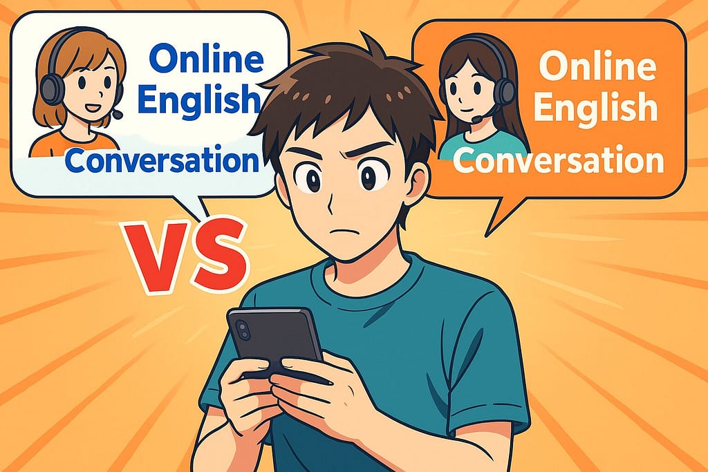 DMM英会話とレアジョブの講師を比較している男性