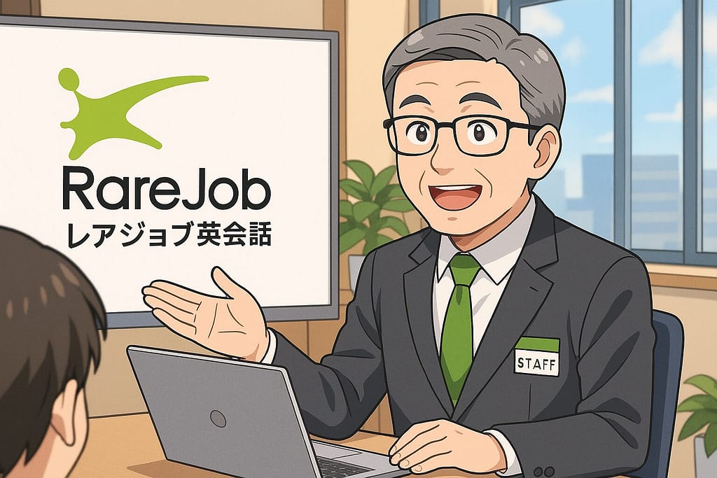レアジョブ英会話について説明している50代男性スタッフ