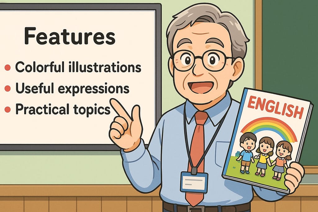 レアジョブ教材の特徴を説明している英会話教室の60代男性スタッフ