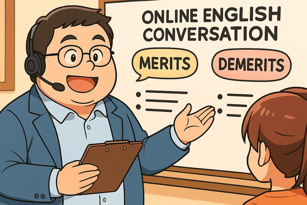 レアジョブ英会話のメリットとデメリットお客さんに説明する太った男性スタッフ