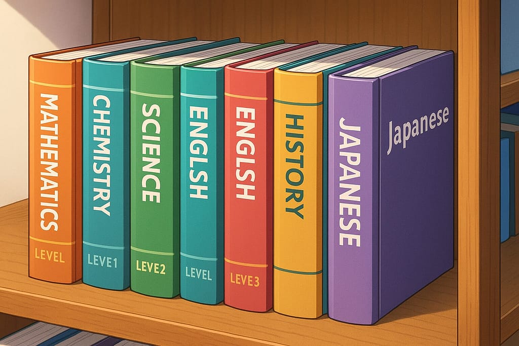 自宅の本棚にレアジョブ教材が並んでいる様子