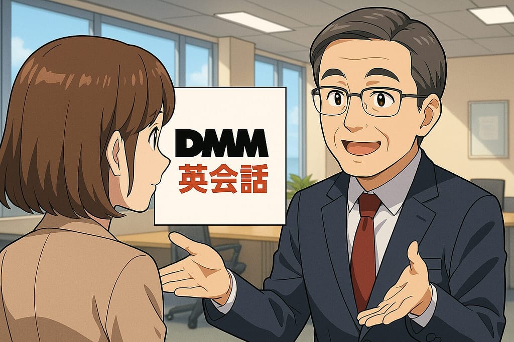 DMM英会話について説明している50代男性スタッフ