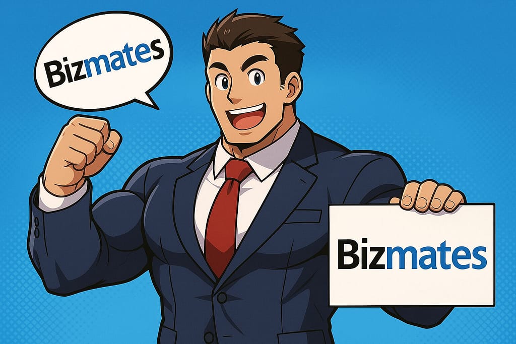 ビズメイツの魅力を語るマッチョな男性ビジネスマン