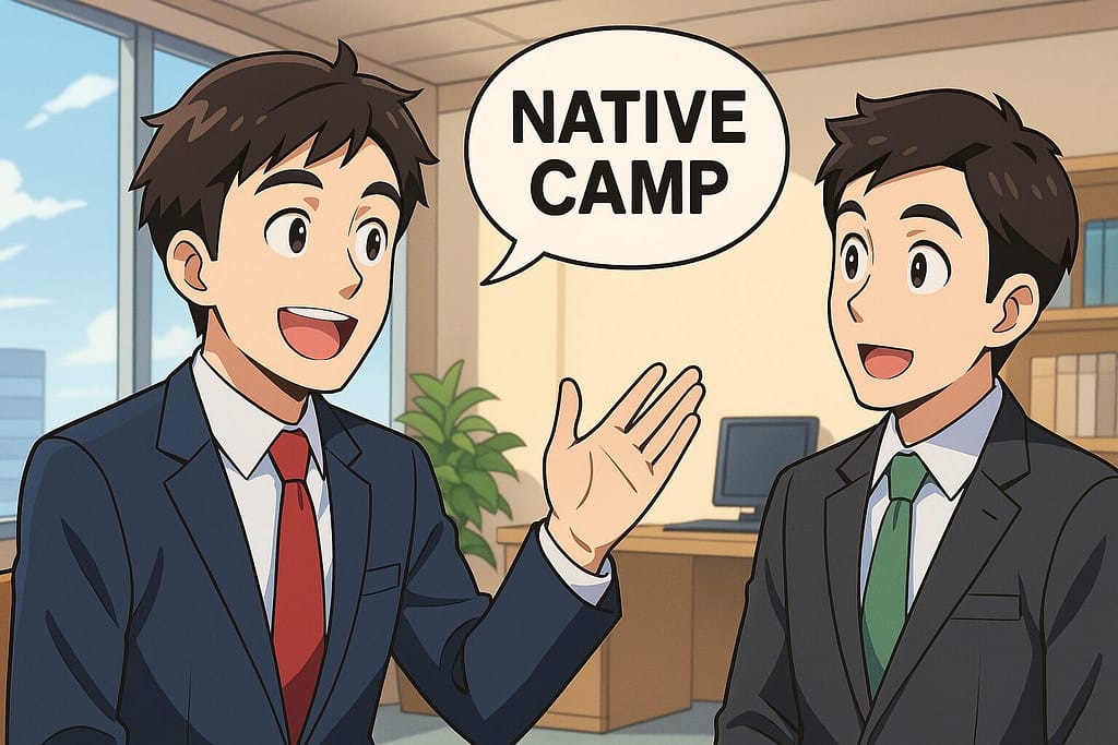 ネイティブキャンプの印象を友人に話しているビジネスマン