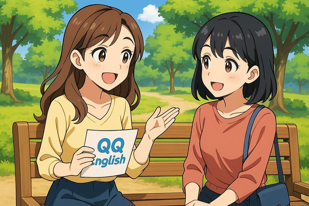 QQ Englishの印象を友人に話している主婦