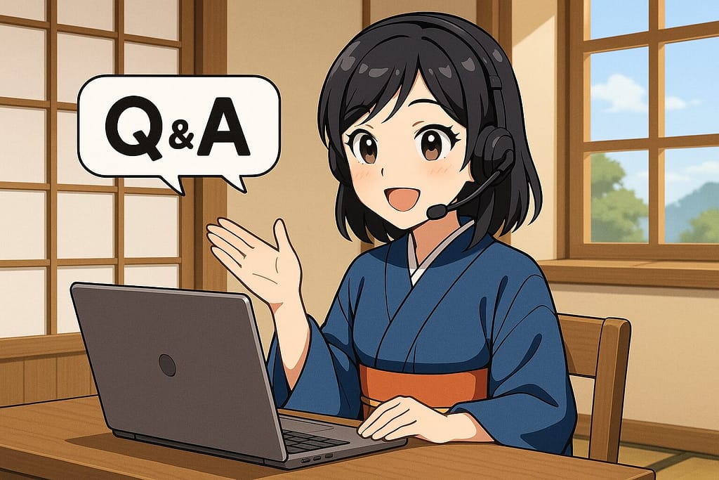 オンライン英会話のQ &Aに答えている和服を着た日本人講師