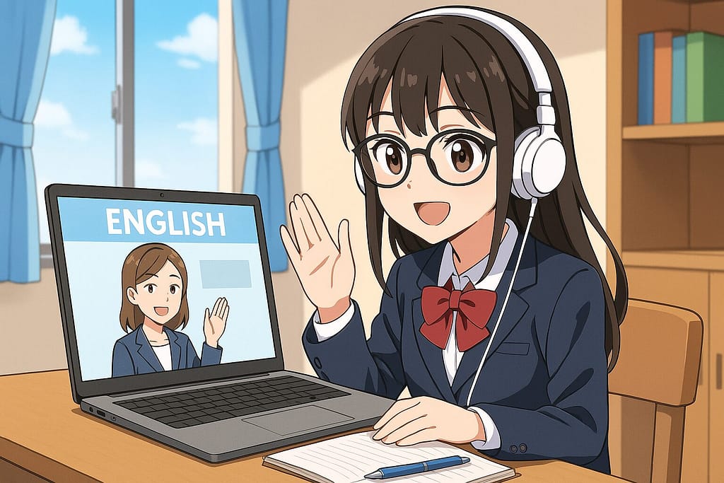 qq englishのトピックカンバセーションを受けている女子中学生