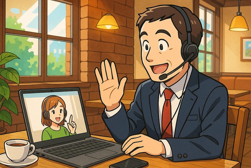 喫茶店でワールドトークを受講している40代のビジネスマン