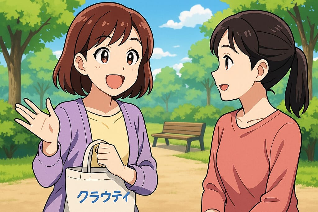 公園でクラウティの感想を友人に話す主婦