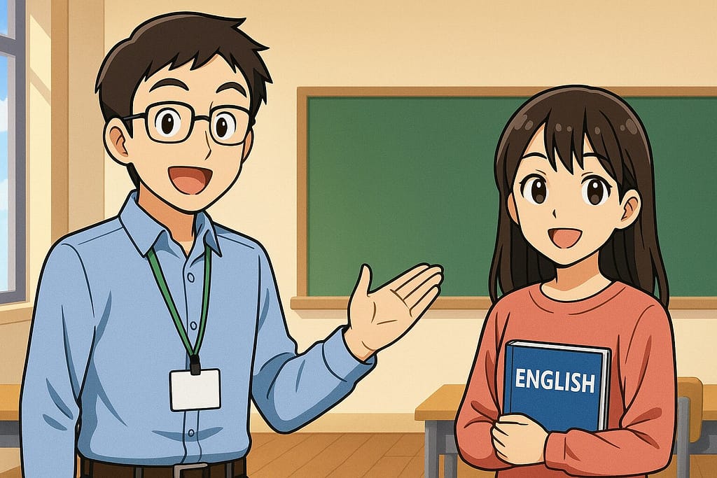 ワールドトーク講師の特徴を紹介している男性スタッフ