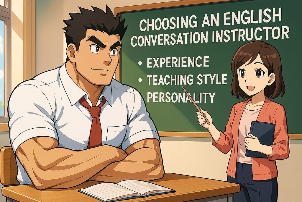 Cambly講師の選び方について教わっている強そうな男子高校生