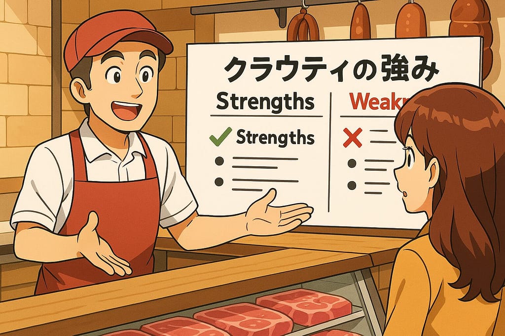 クラウティの強みと弱みをお客さんに紹介する肉屋さん