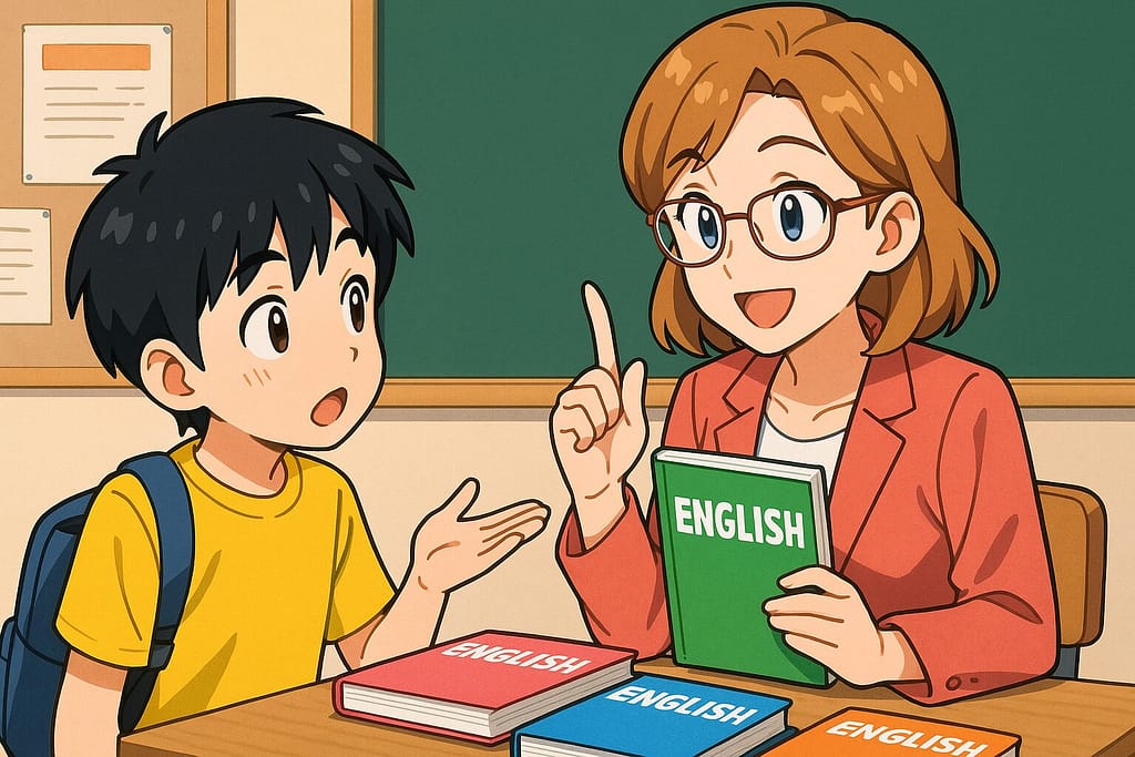 クラウティ教材の選び方を聞いている小学生